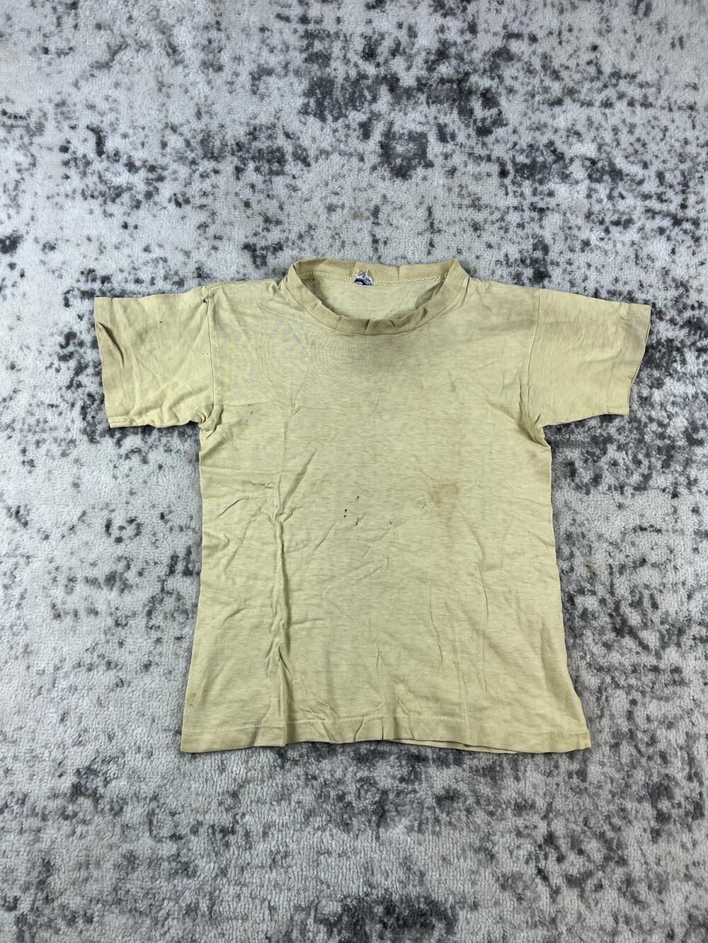 Vintage 1960s T-Shirt Youth M Yellow Crew Neck Single Stitch Distressed  Retro